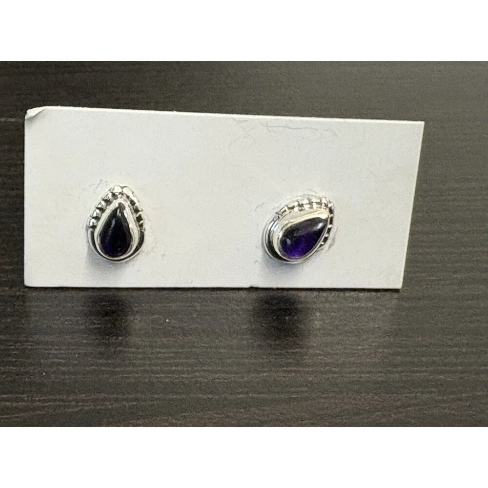 Petite 925 Solid Sterling Silver Genuine Amethyst Bezel Set Post Earrings - Picture 9 of 12